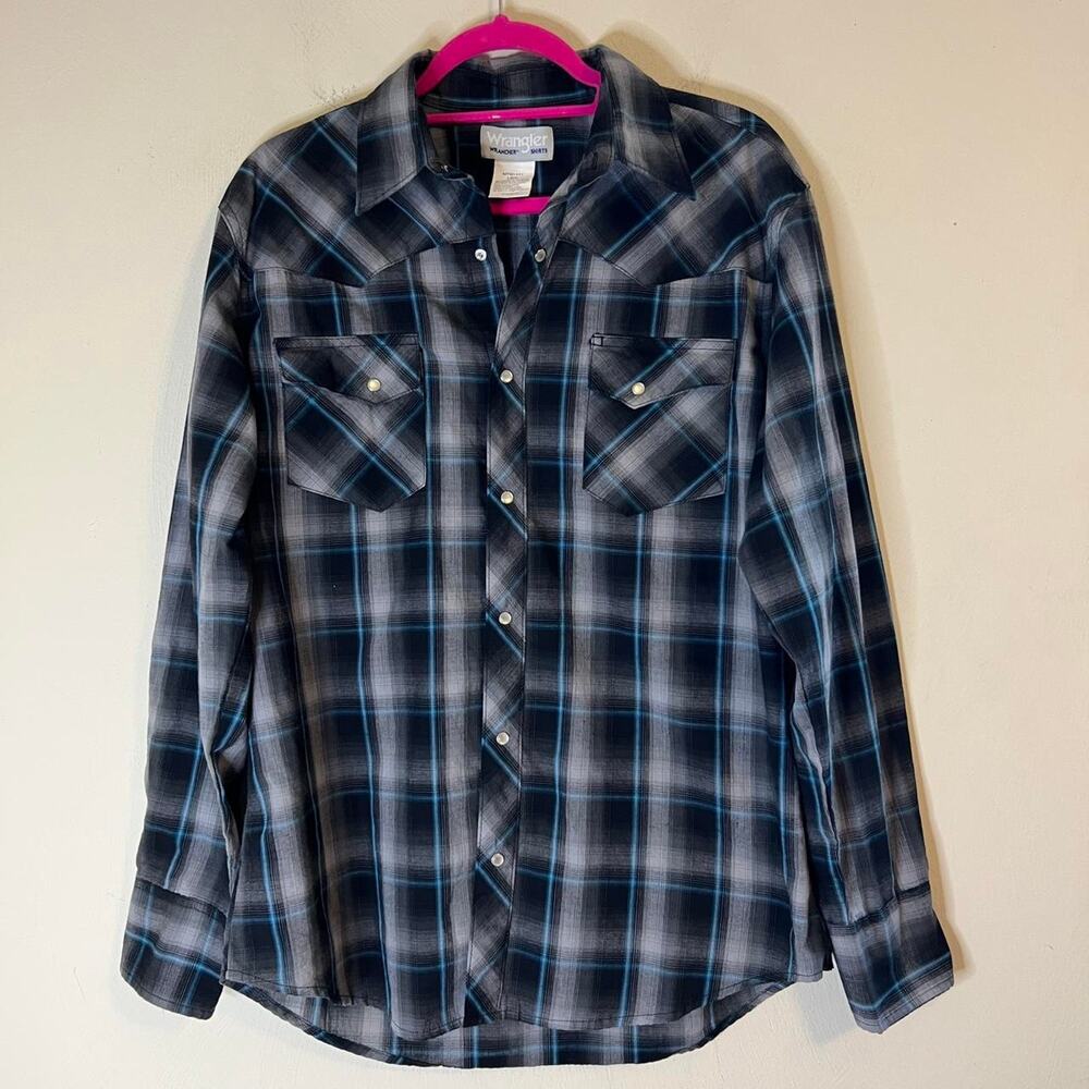 Wrangler Wrancher Pearl Snap Western Shirt Mens Large Blue and Black Cowboy